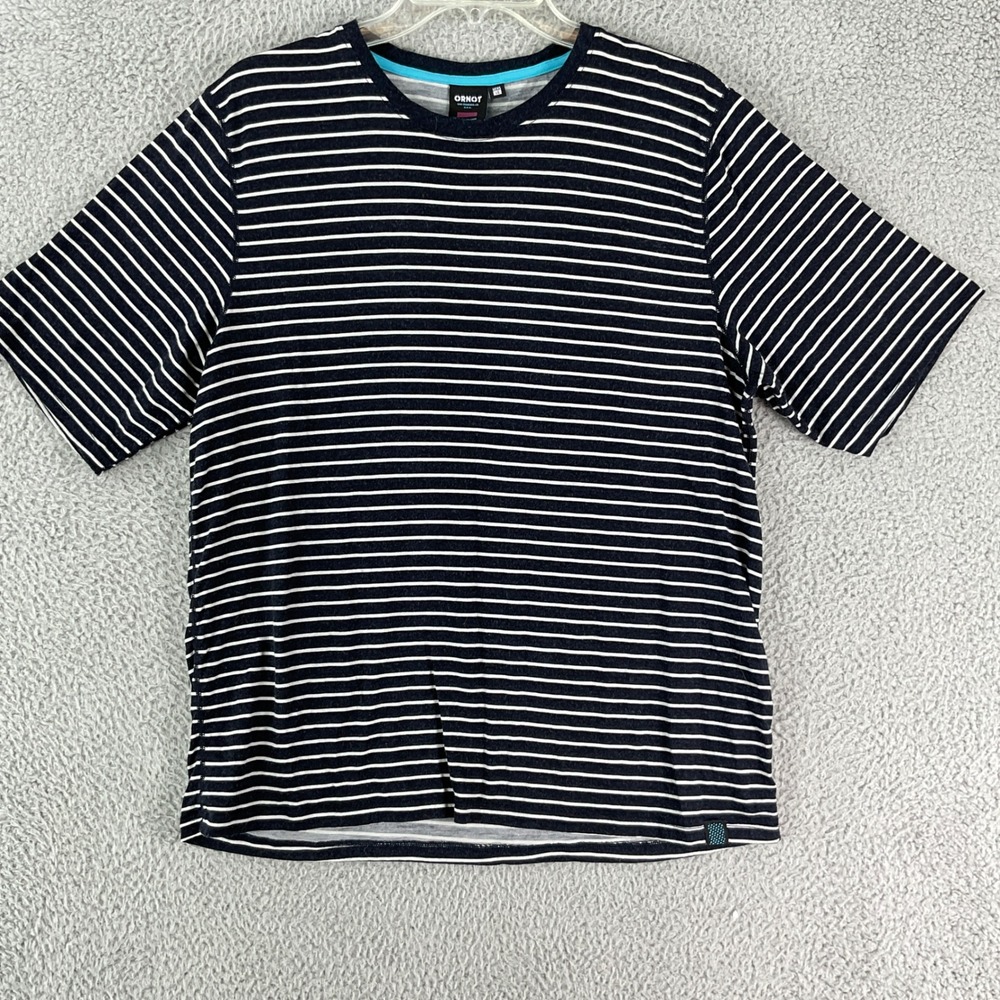 Ornot Merino Tech T-Shirt Mens LG Navy White Striped Nuyarn Cycling Pocket Tee